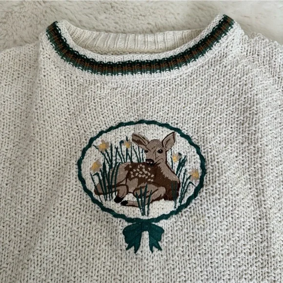 Vintage knit cream colored Fawn/ baby deer sweater - Picture 5 of 13